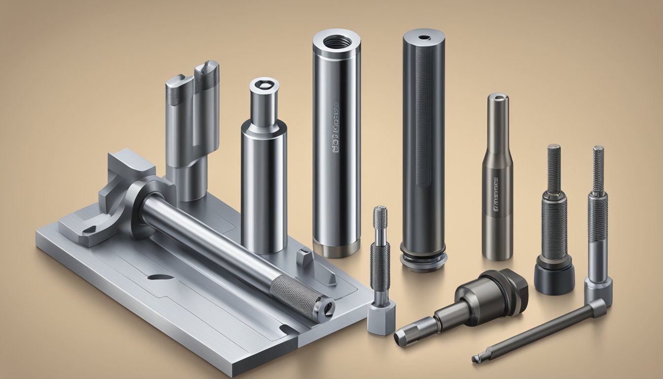 A carbide tap and an HSS tap placed side by side on a workbench, surrounded by various metal materials and a chart showing compatibility
