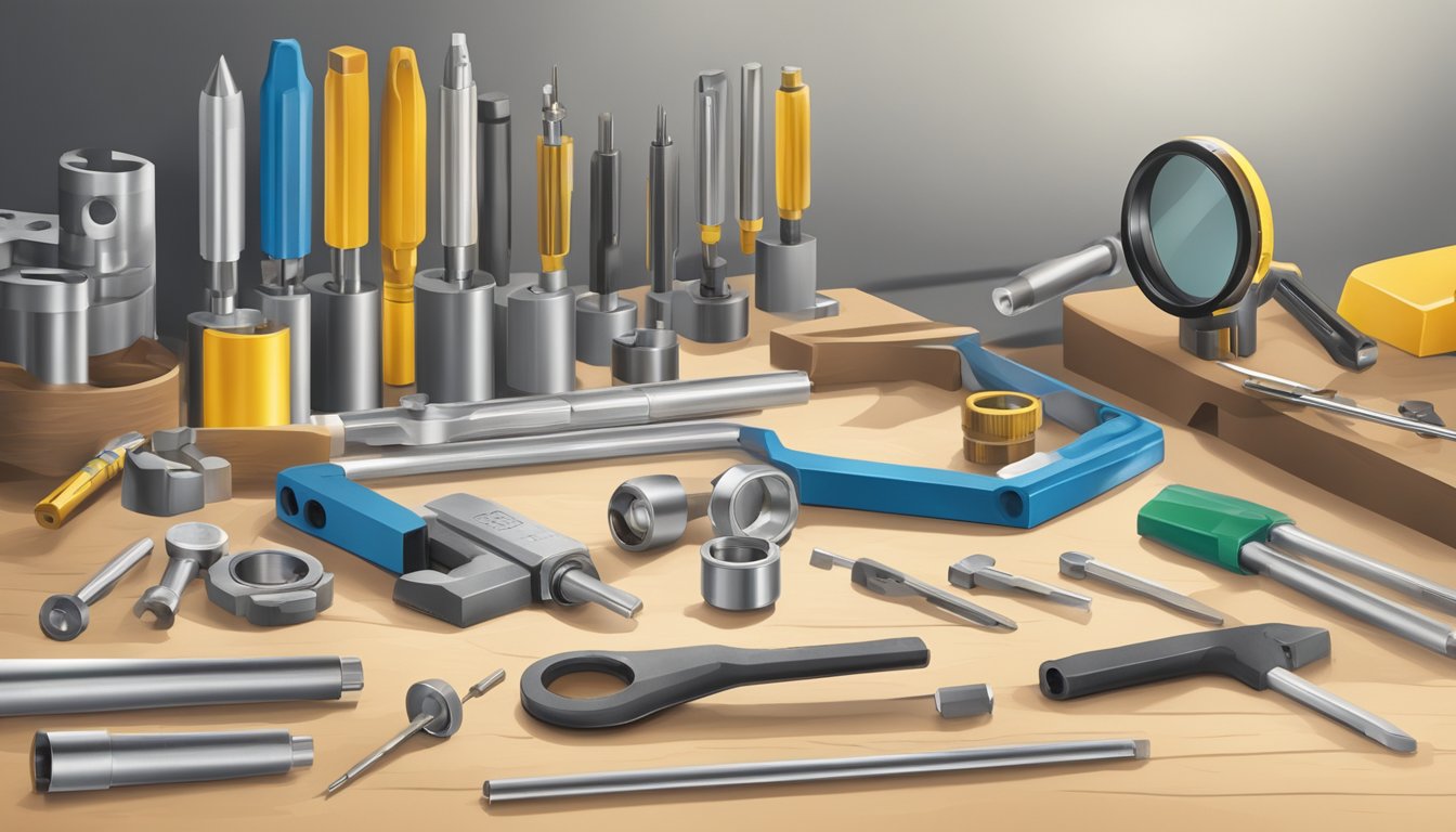 A workshop table with carbide taps and HSS tools laid out for comparison, with a magnifying glass and measuring tools nearby