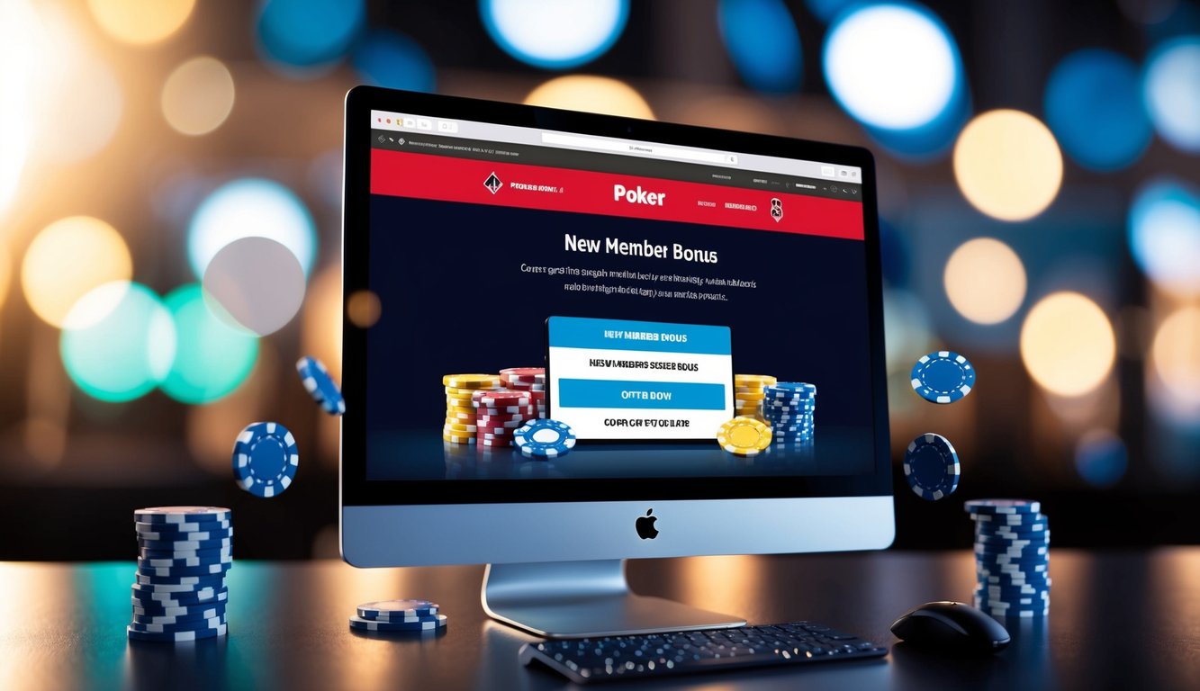 Sebuah layar komputer menampilkan situs web poker dengan tawaran "bonus anggota baru", dikelilingi oleh chip poker virtual dan kartu.