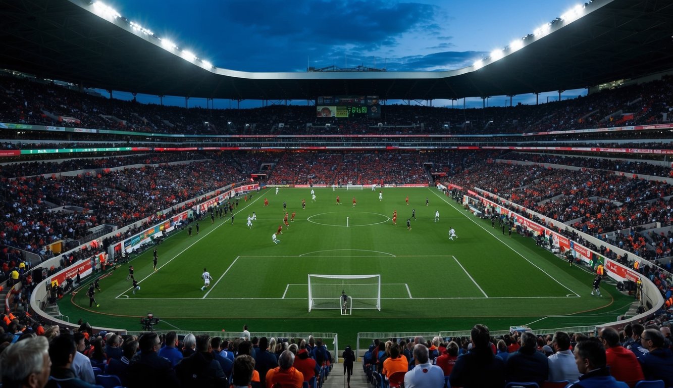 Sebuah stadion olahraga yang ramai dengan pemain di lapangan dan penonton di tribun