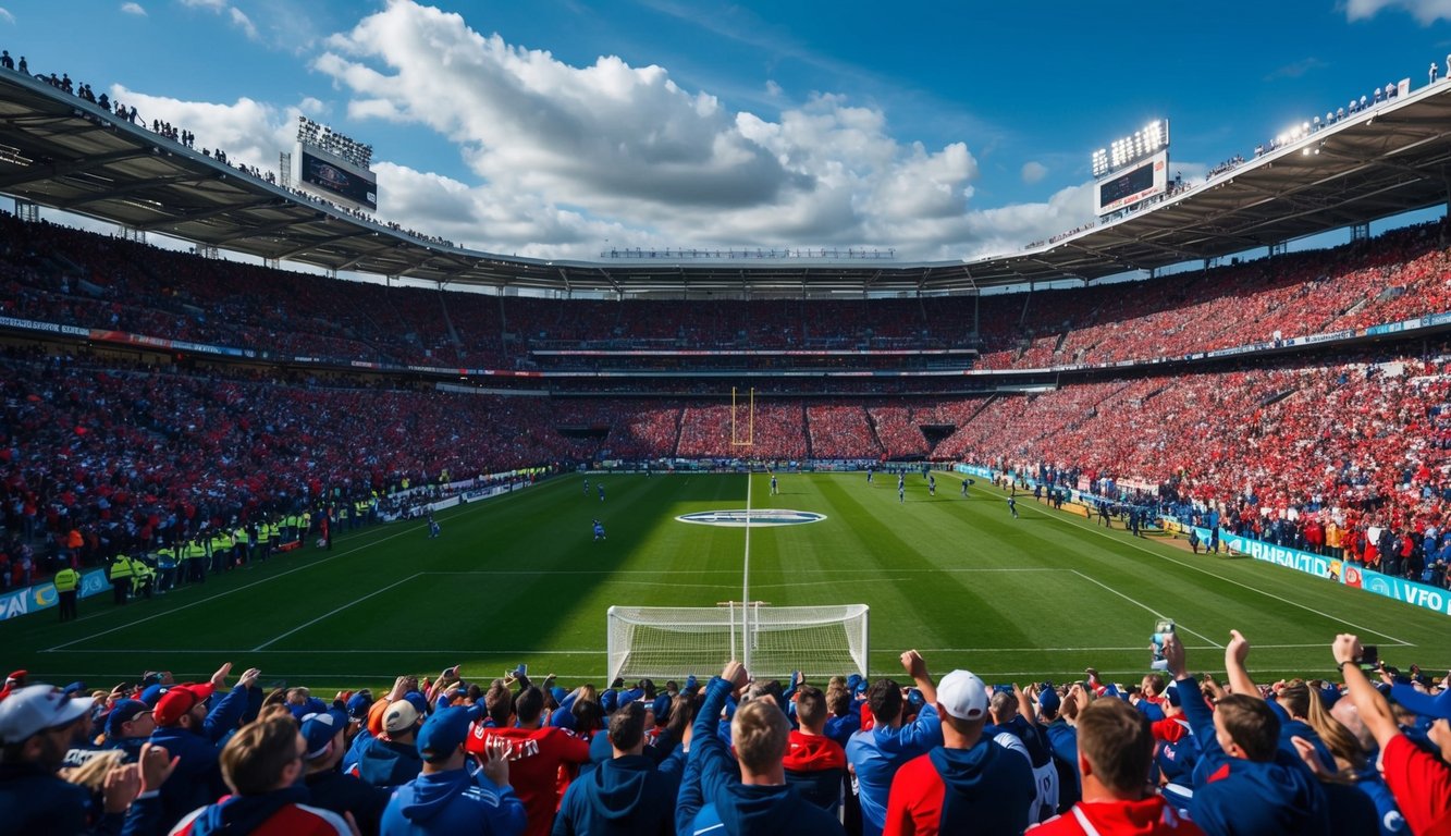 Sebuah stadion yang ramai dengan penggemar yang bersorak, lapangan yang cerah, dan dua tim yang sedang bertanding