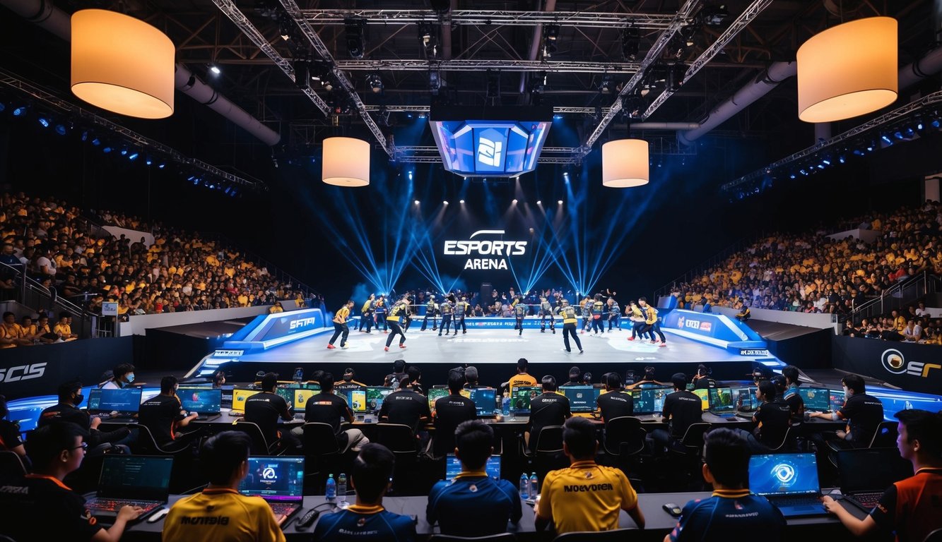 Sebuah arena esports yang ramai di Indonesia, dengan tim yang berkompetisi di panggung dan penonton yang meriah bersorak di latar belakang