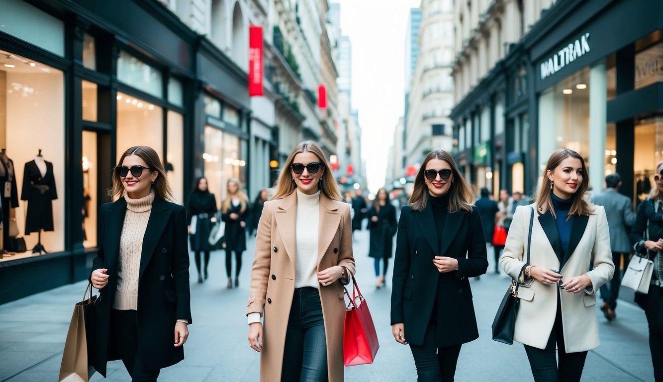 Sebuah jalan kota yang ramai dengan toko fashion mewah dan pembeli yang bergaya