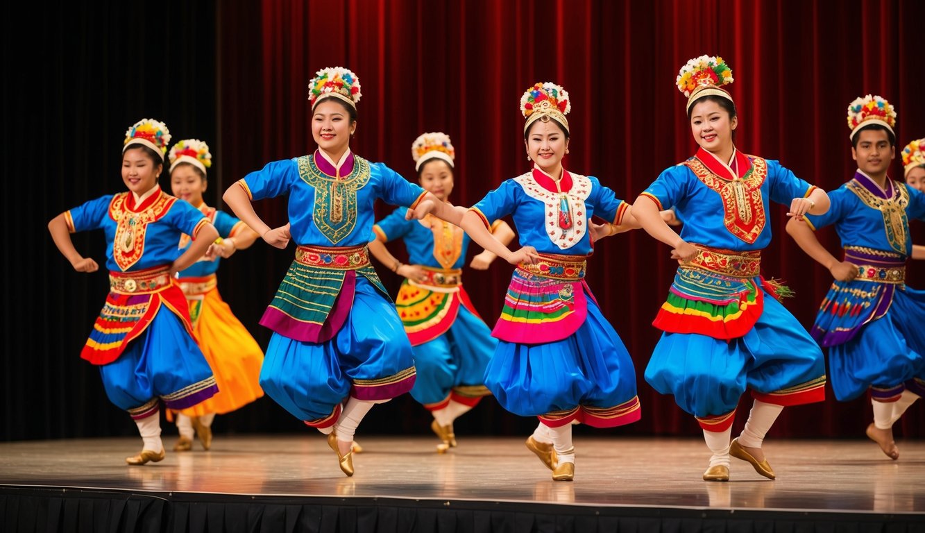 Sekelompok penari tradisional sedang tampil di atas panggung, dihiasi kostum berwarna-warni dan bergerak anggun mengikuti irama musik tradisional.