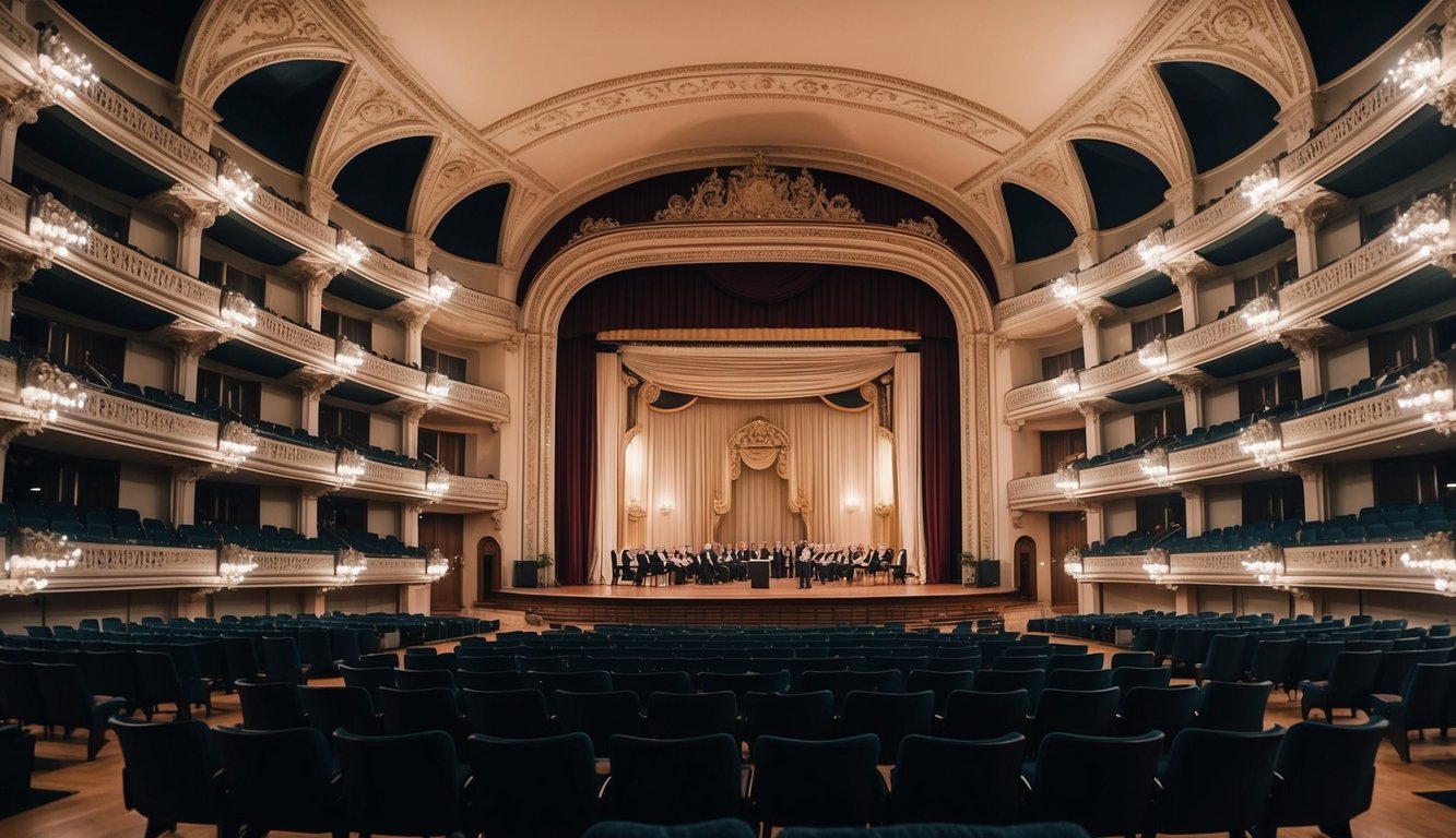 Sebuah gedung opera megah dengan arsitektur yang rumit dan panggung yang disiapkan untuk pertunjukan opera klasik