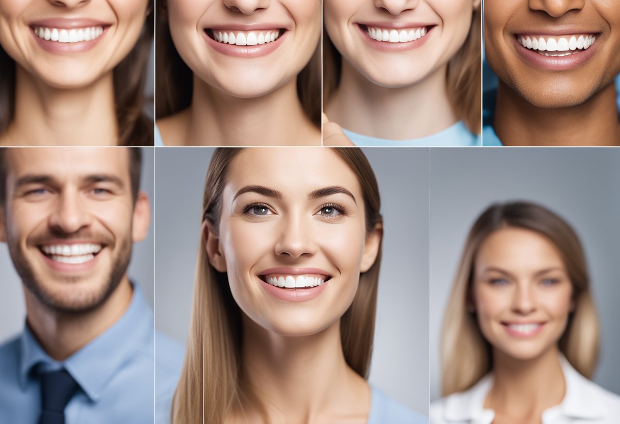 Uma série de imagens que mostram o processo passo a passo de utilização do Invisalign, incluindo a consulta inicial, a colocação dos alinhadores e o progresso ao longo do tempo.