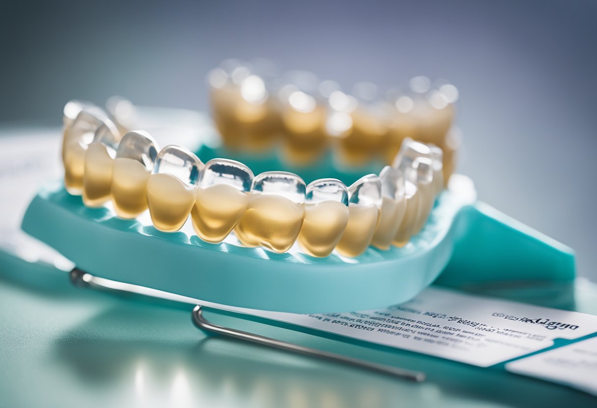 Uma série de alinhadores Invisalign dispostos em ordem sequencial, com um gráfico de progresso e ferramentas de ajuste nas proximidades.