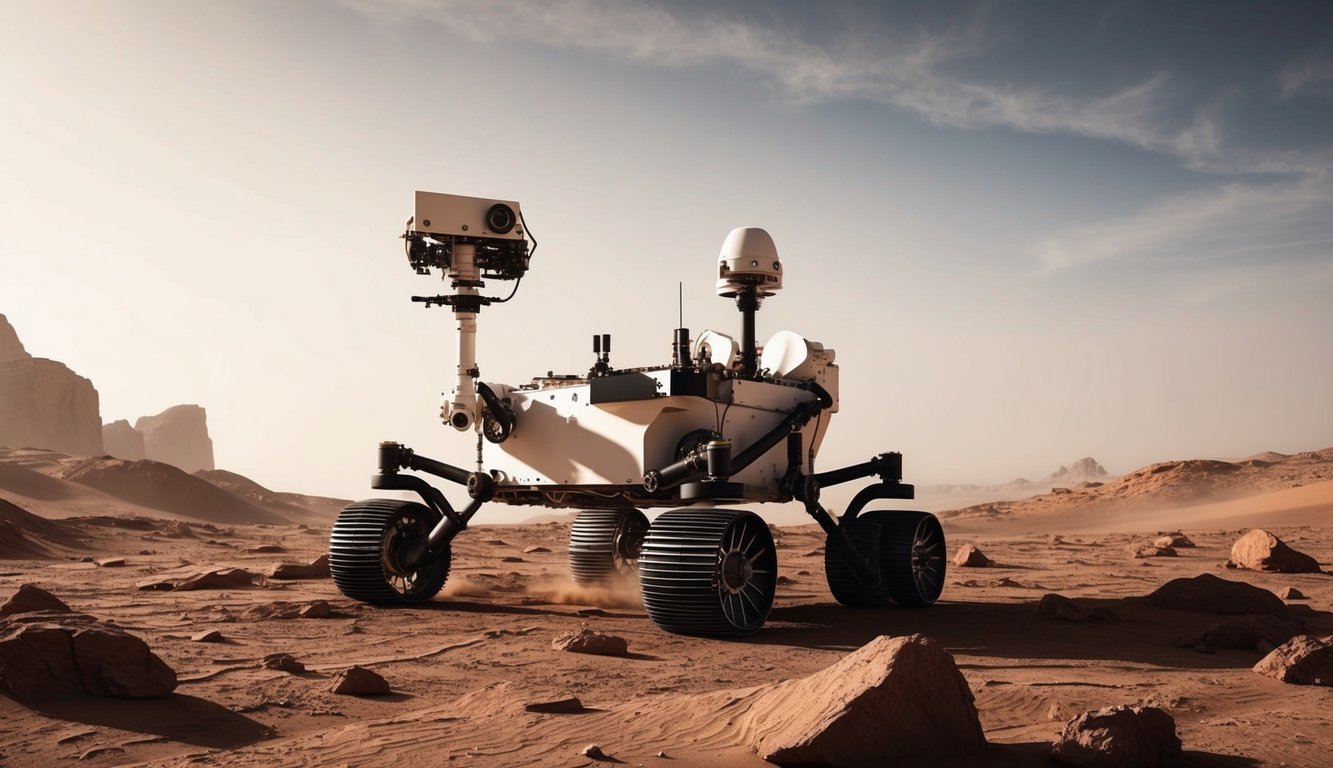 Rover Perseverance menjelajahi medan Martian yang berbatu, lengan robotiknya diperpanjang untuk mengumpulkan sampel. Batu merah berdebu dan langit berkabut menciptakan latar belakang yang tidak berasal dari dunia ini.