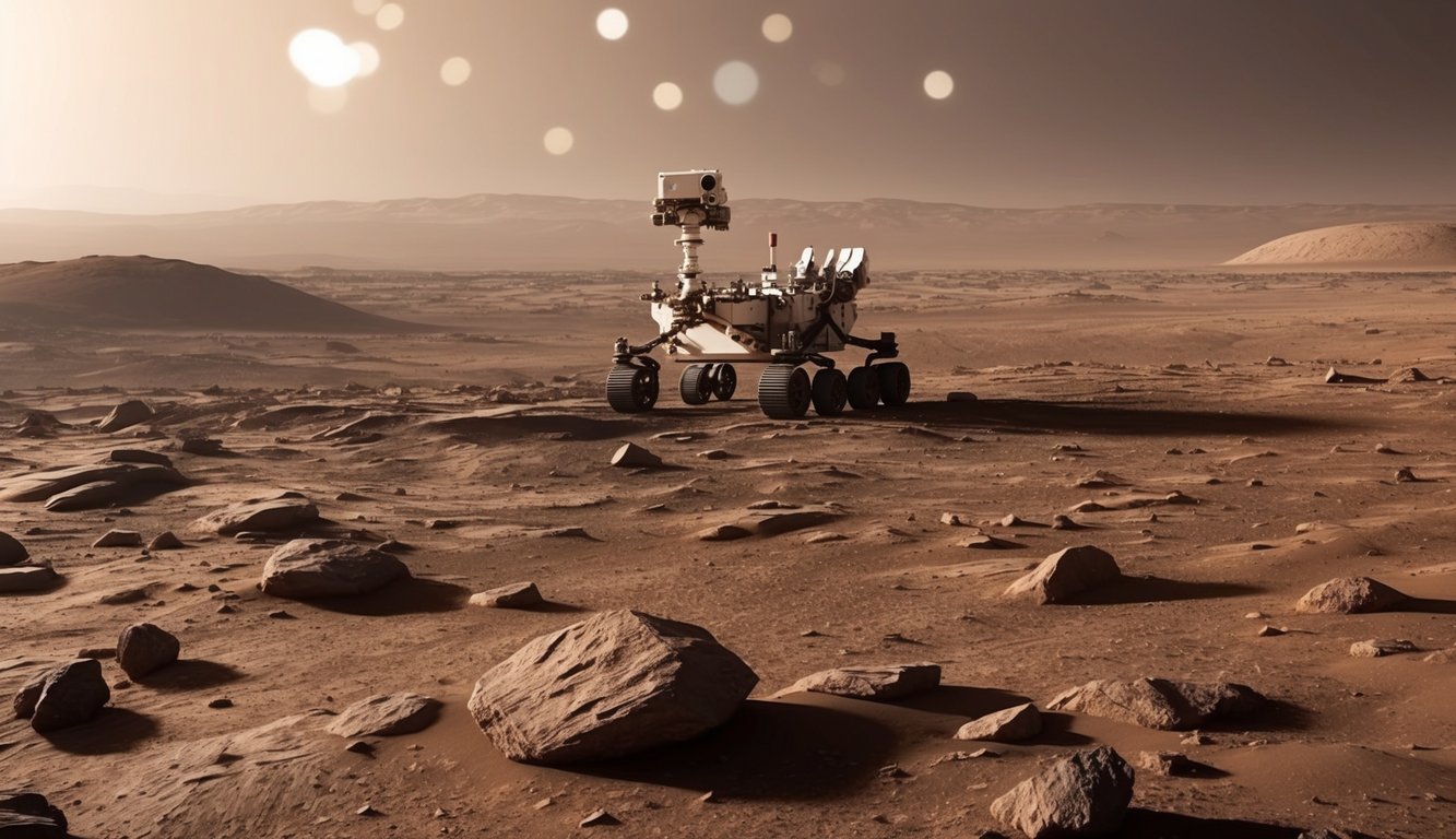 Misi NASA ke Mars: sebuah lanskap planet merah dengan rover yang menjelajahi medan berbatu dan pemandangan jauh dari cakrawala Mars