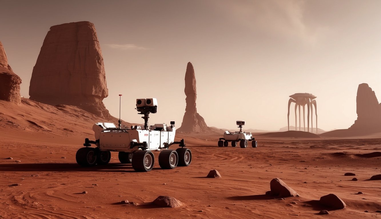 Lanskap gurun merah di Mars, dengan formasi batu yang menjulang tinggi dan langit berkabut. Sebuah rover menjelajahi medan, sementara struktur alien yang jauh menjulang di latar belakang.