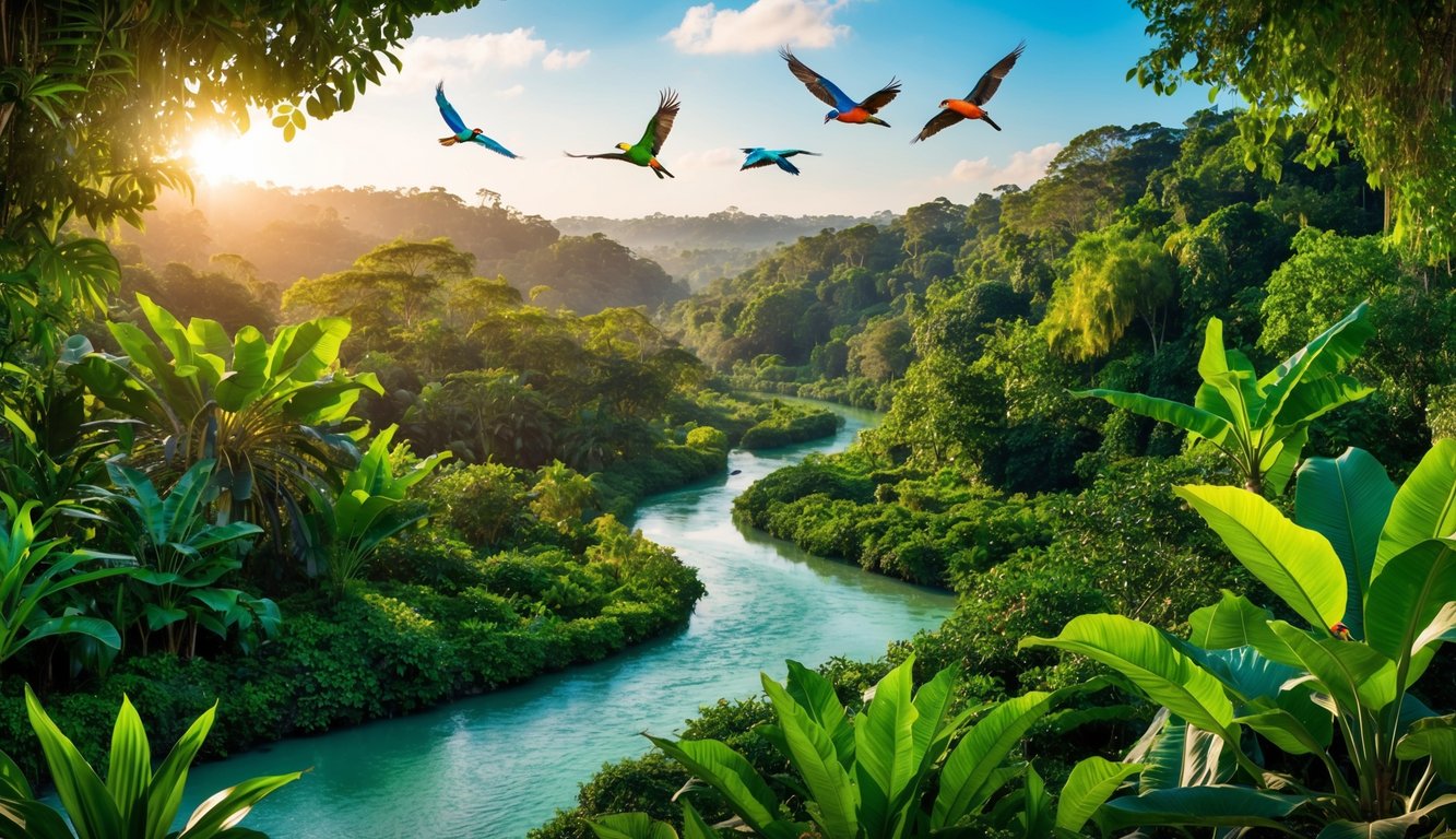 Hutan lebat dengan keanekaragaman kehidupan tanaman, sungai yang berliku, dan burung-burung berwarna-warni terbang di atas Habitat Alami