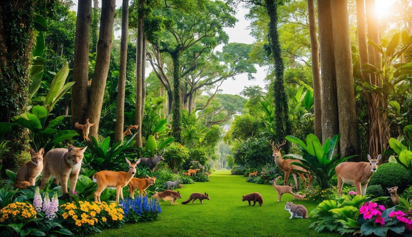 Hutan yang rimbun dengan flora dan fauna yang beragam, termasuk pohon-pohon tinggi, bunga-bunga berwarna-warni, dan berbagai spesies hewan yang hidup berdampingan secara harmonis