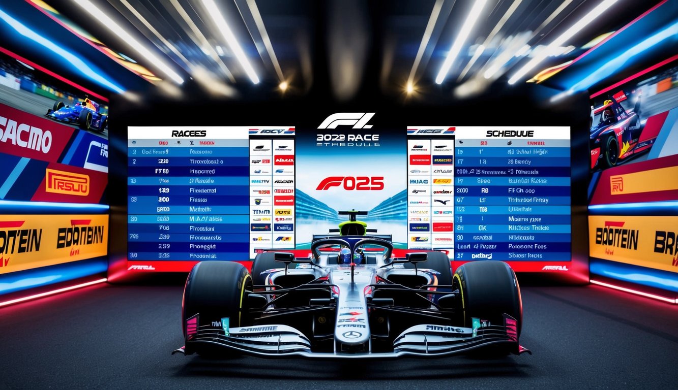 Jadwal balapan F1 2025 ditampilkan di layar digital besar yang dikelilingi oleh logo tim yang berwarna-warni dan gambar balapan.