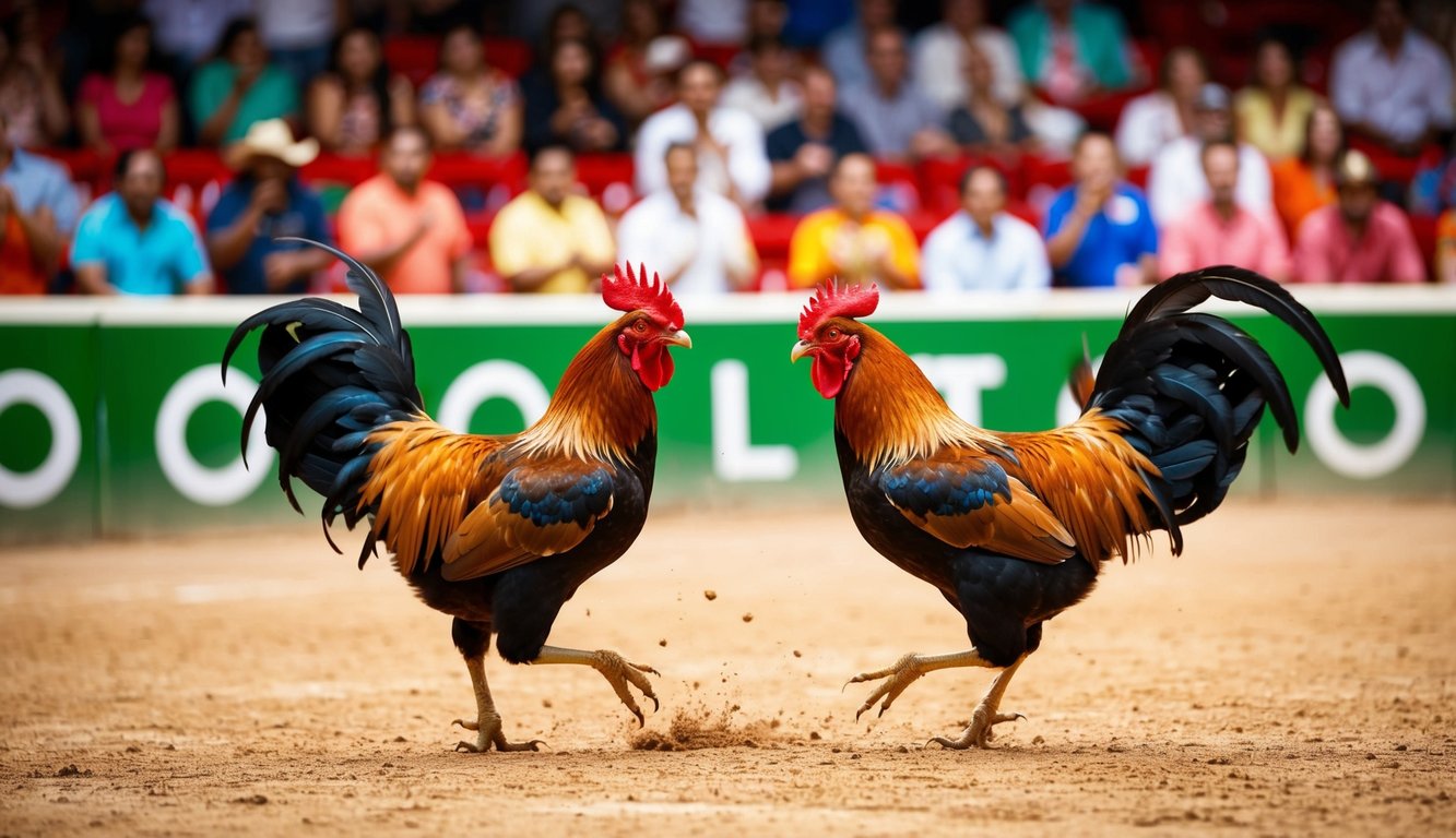 Sebuah arena yang hidup dan meriah dengan dua ayam jantan yang terlibat dalam pertarungan ayam yang intens dan mendebarkan, dikelilingi oleh penonton yang antusias