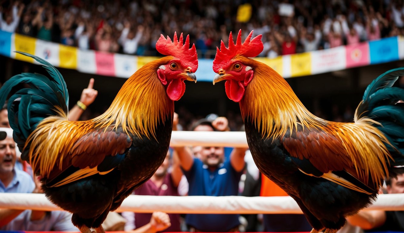 Dua ayam jantan berhadapan di arena yang ramai, dikelilingi oleh penonton yang bersorak dan spanduk berwarna-warni. Suasana tegang saat pertarungan akan dimulai.