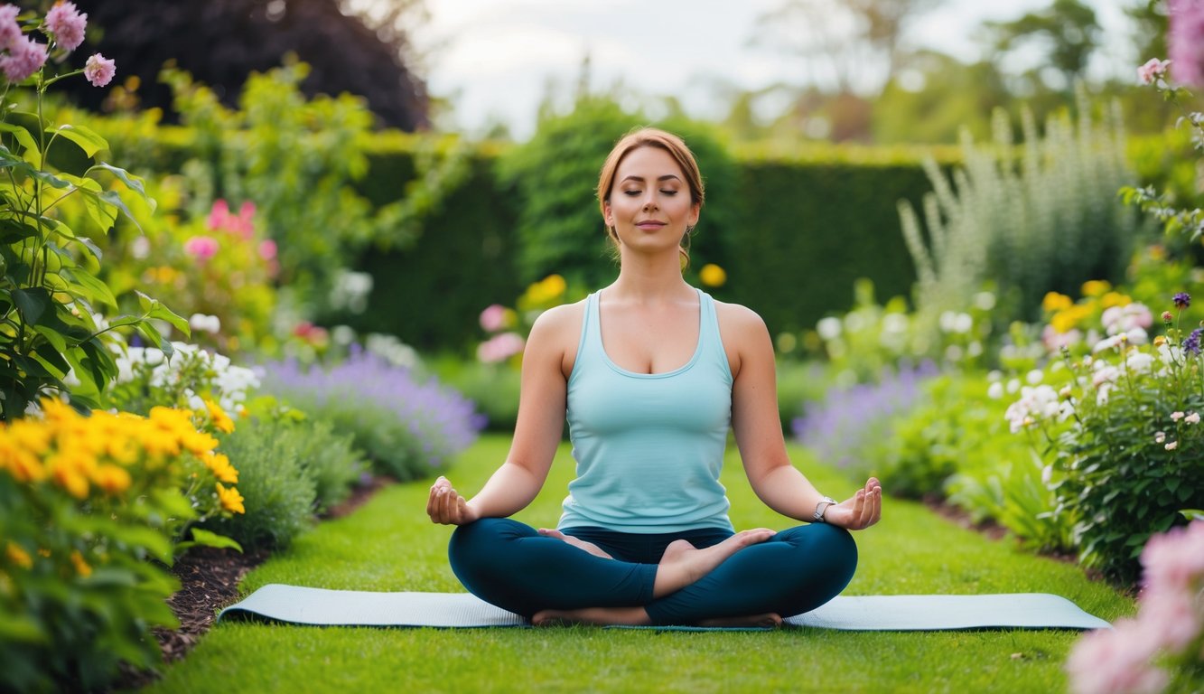 Seorang yang duduk di taman yang tenang, dikelilingi oleh bunga-bunga yang mekar dan pepohonan yang rimbun, berlatih pernapasan dalam dan meditasi untuk mengelola stres.