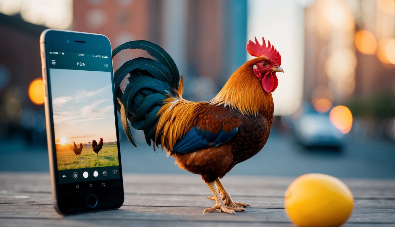 Seekor ayam jantan dan sebuah smartphone dengan antarmuka akses cepat dan mudah