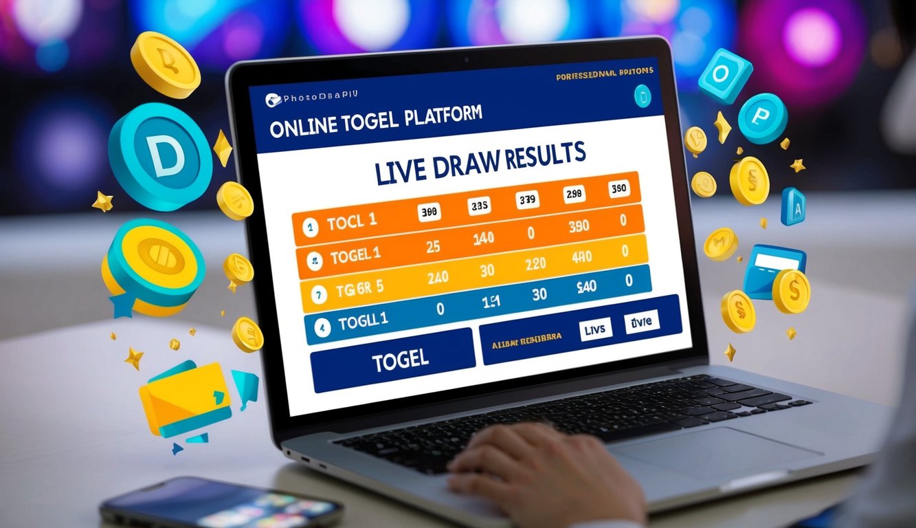 Sebuah layar digital yang menampilkan hasil undian langsung untuk platform Togel online, dikelilingi oleh grafik dan simbol berwarna-warni