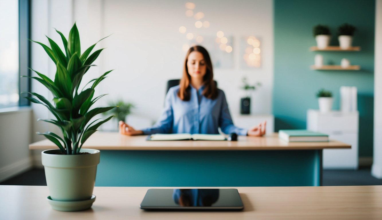 Sebuah ruang kantor yang tenang dengan tanaman pot, skema warna yang menenangkan, dan seseorang yang bermeditasi di meja mereka