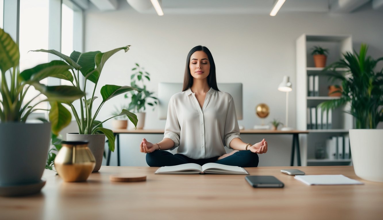 Ruang kantor yang tenang dengan cahaya alami, tanaman, dan dekorasi menenangkan untuk meditasi