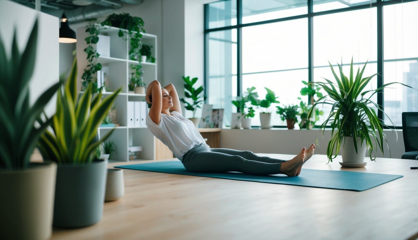 Sebuah ruang kantor yang tenang dengan matras yoga, tanaman, dan dekorasi yang menenangkan, mengajak pekerja untuk berlatih kesadaran dan relaksasi