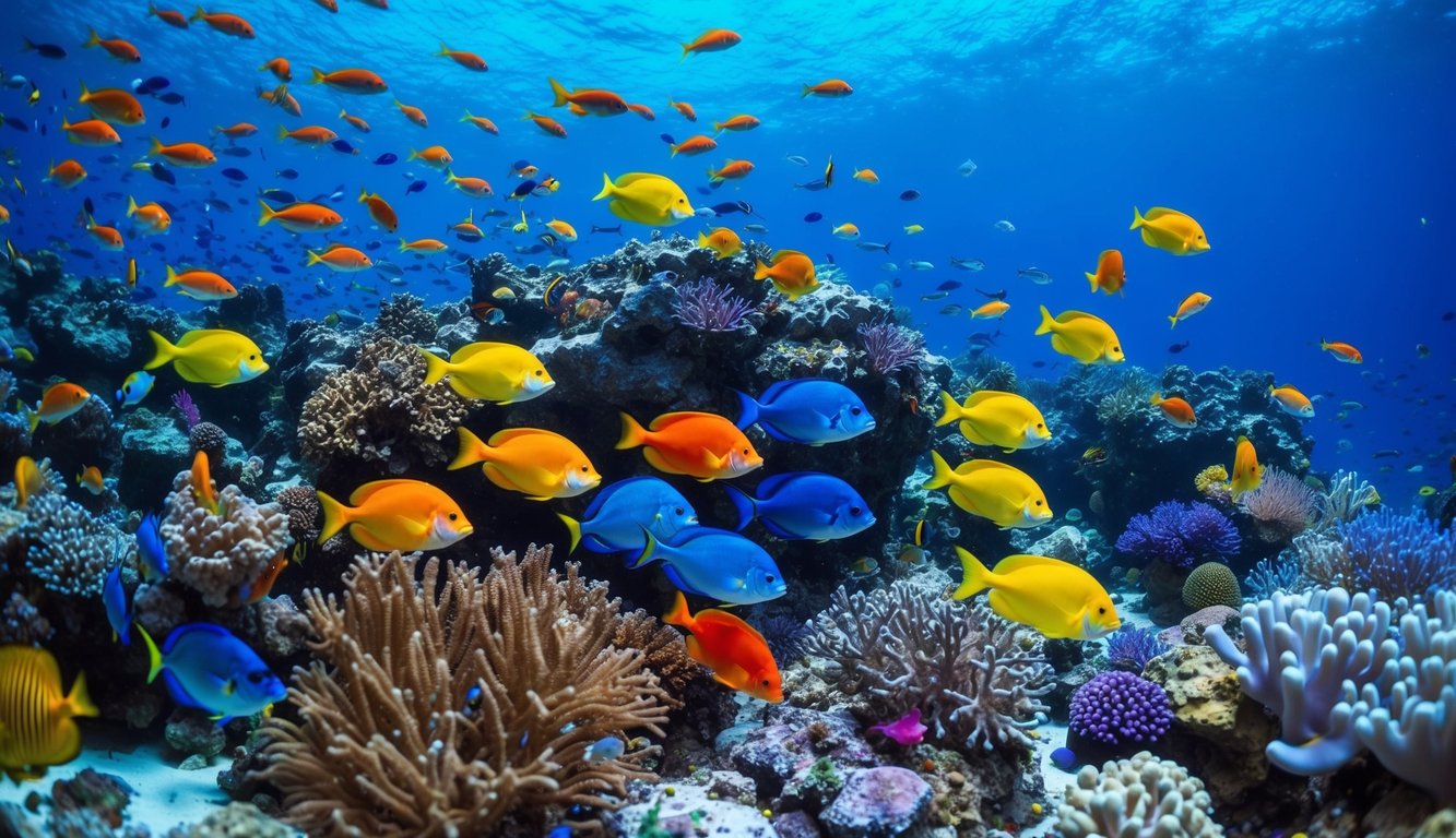 Dunia bawah laut yang semarak dengan ikan berwarna-warni, terumbu karang, dan efek khusus yang menakjubkan