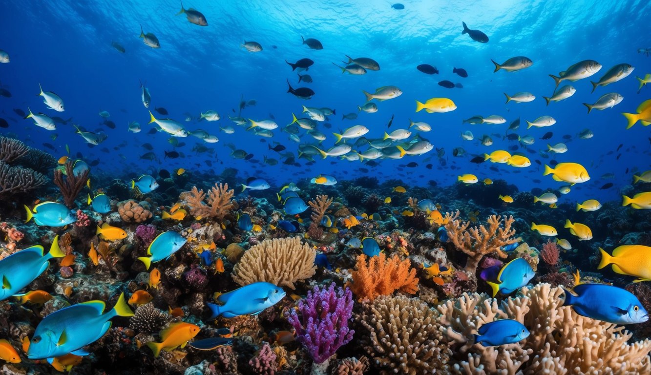 Sebuah dunia bawah laut yang ramai dipenuhi dengan makhluk laut berwarna-warni dan terumbu karang yang cerah, dengan berbagai ikan yang berenang ke segala arah.