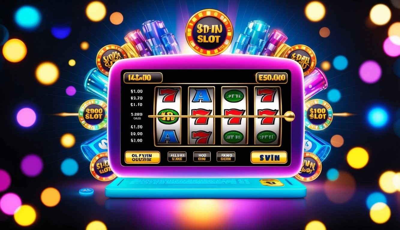 Mesin slot online yang penuh warna dengan berbagai fitur dan bonus, dikelilingi oleh grafik yang berwarna-warni dan lampu berkedip.