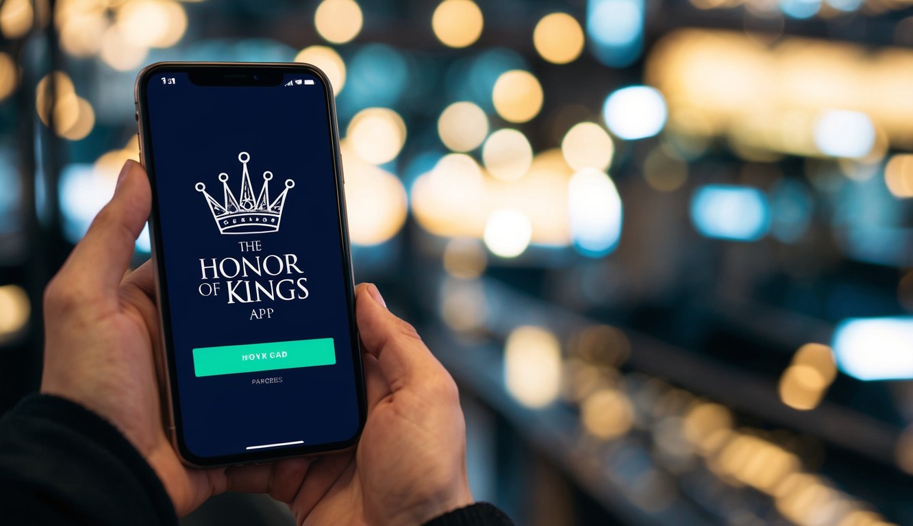 Sebuah smartphone menampilkan aplikasi Honor of Kings yang sedang diunduh, dengan bilah kemajuan yang terisi