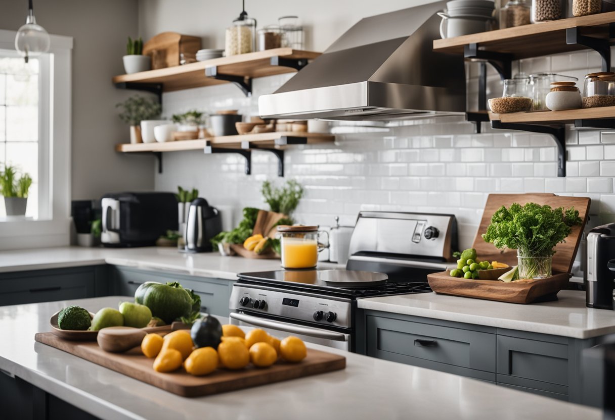 A well-stocked vacation rental kitchen with keto-friendly foods and appliances neatly organized and displayed on clean countertops and in open cabinets