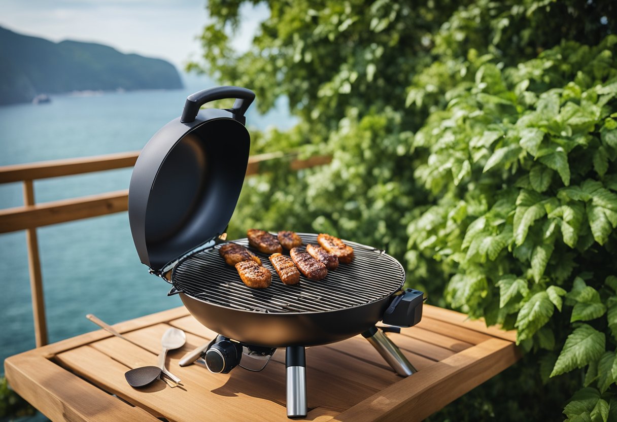 A portable grill sits on a wooden deck, surrounded by lush greenery and a view of the ocean. The grill is ready for outdoor cooking, with utensils and ingredients nearby