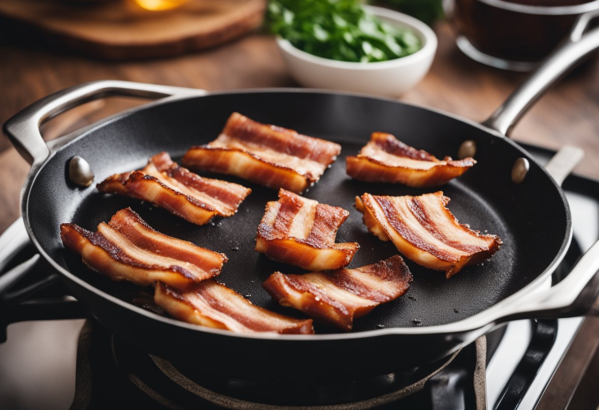 Sizzling bacon in a skillet on a stovetop