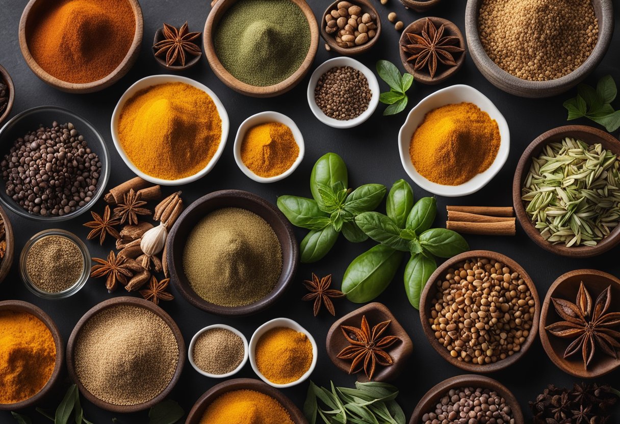 A variety of colorful and aromatic spices arranged neatly on a kitchen countertop, ready to be used for cooking keto-friendly meals