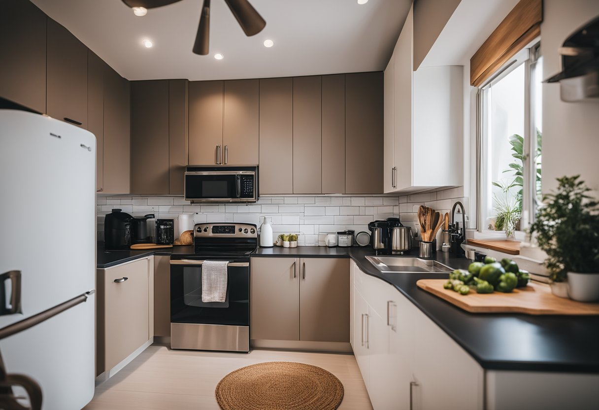 A cozy vacation rental kitchenette with keto-friendly ingredients, cookware, and appliances