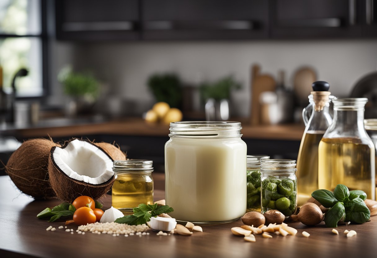 A kitchen counter with a jar of coconut oil, surrounded by various cooking utensils and ingredients, including vegetables and meats