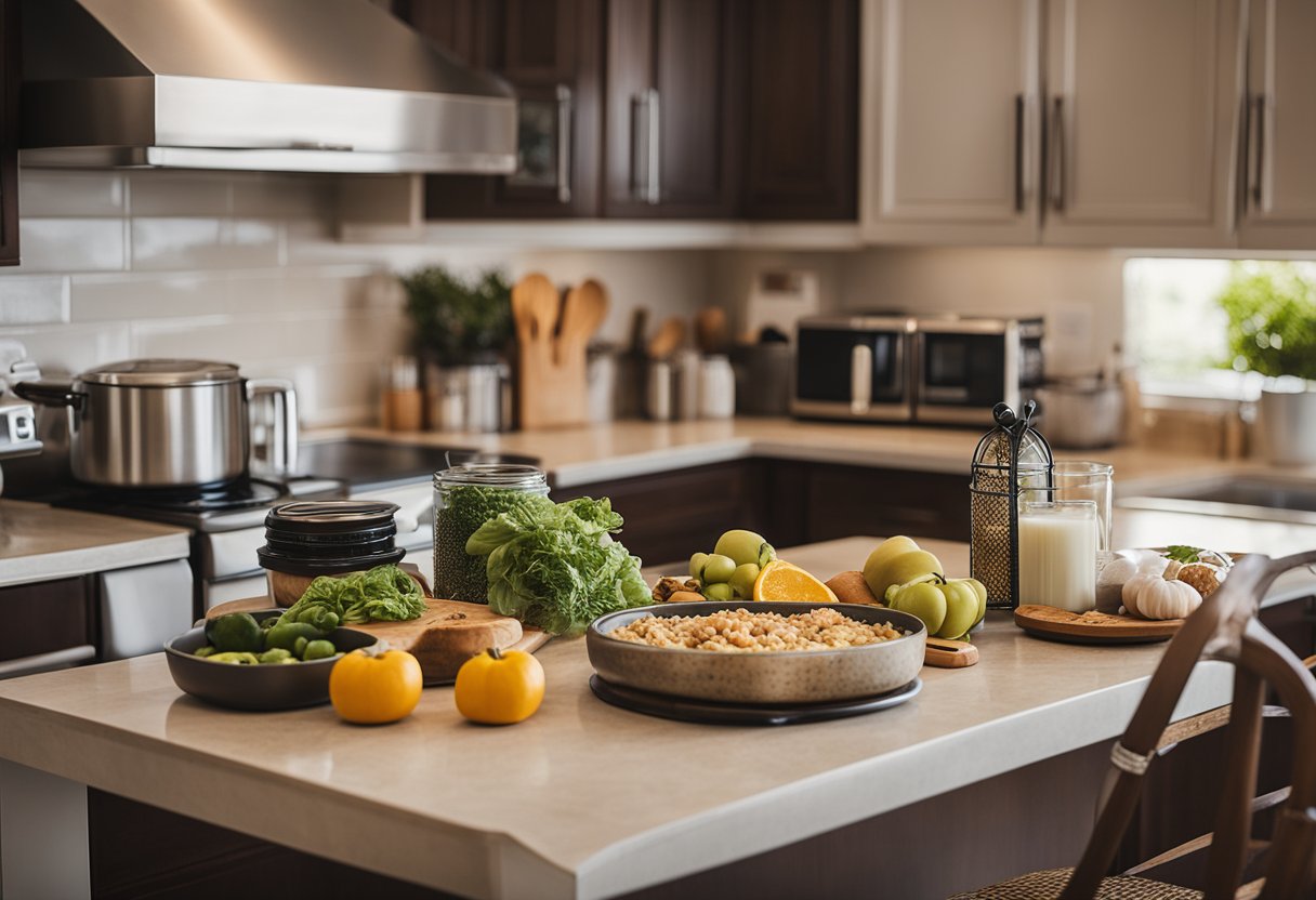 A table with a meal plan, groceries, and kitchen essentials laid out in a vacation rental kitchen