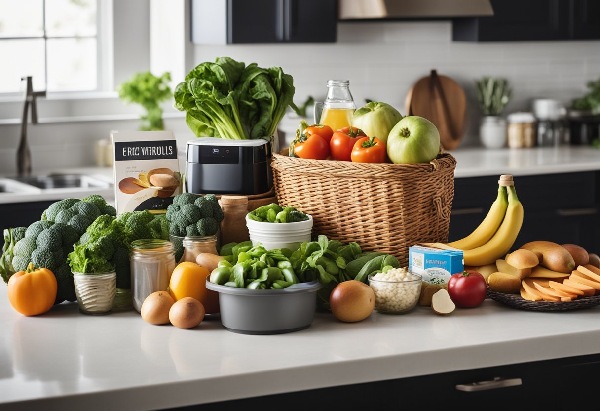 A cooler filled with keto-friendly foods sits on a countertop next to a stack of recipe books and a basket of fresh produce