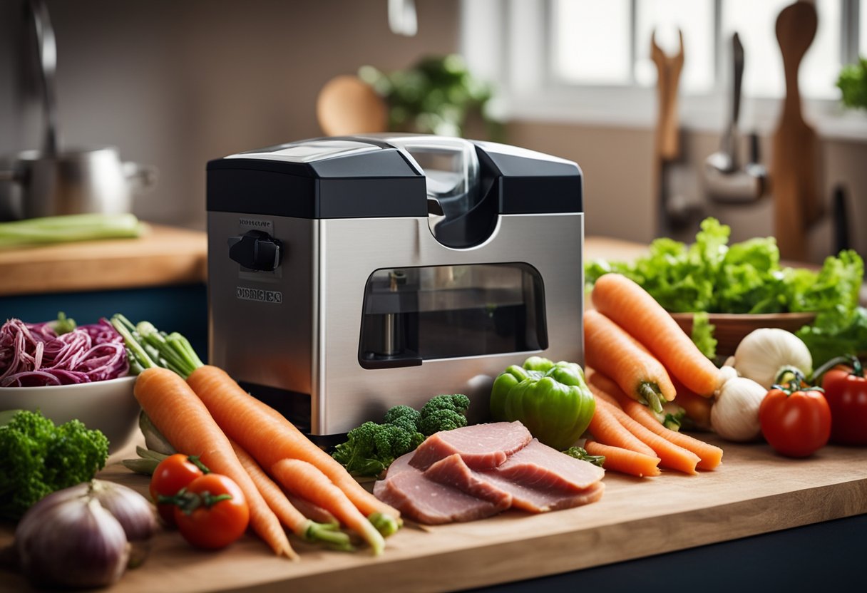 A knife sharpener sits on the kitchen counter next to a cutting board and a variety of fresh vegetables and meats