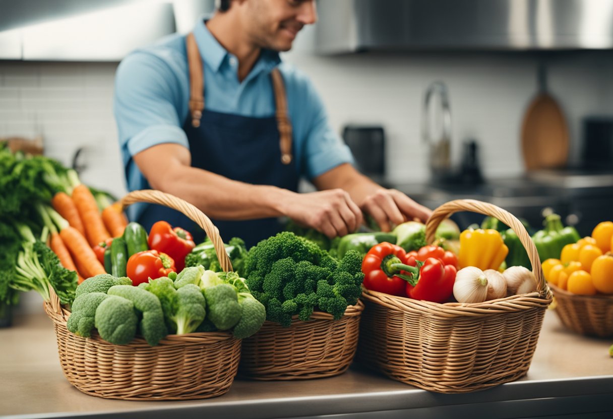 A person unloading a basket of colorful, fresh local vegetables from a market onto a clean kitchen counter