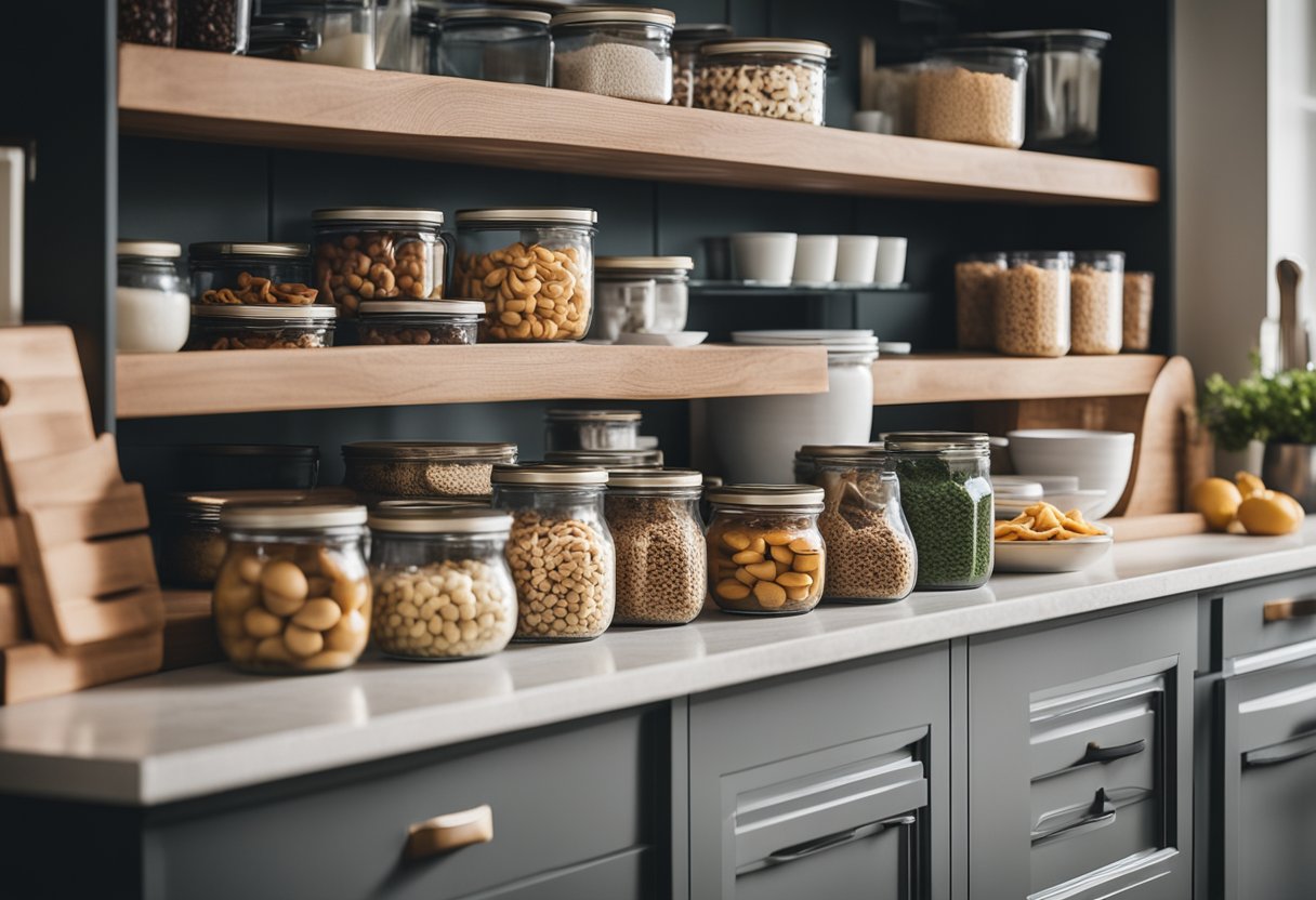 A cozy vacation rental kitchen filled with a variety of pre-made keto snacks neatly organized on the counter and in the pantry