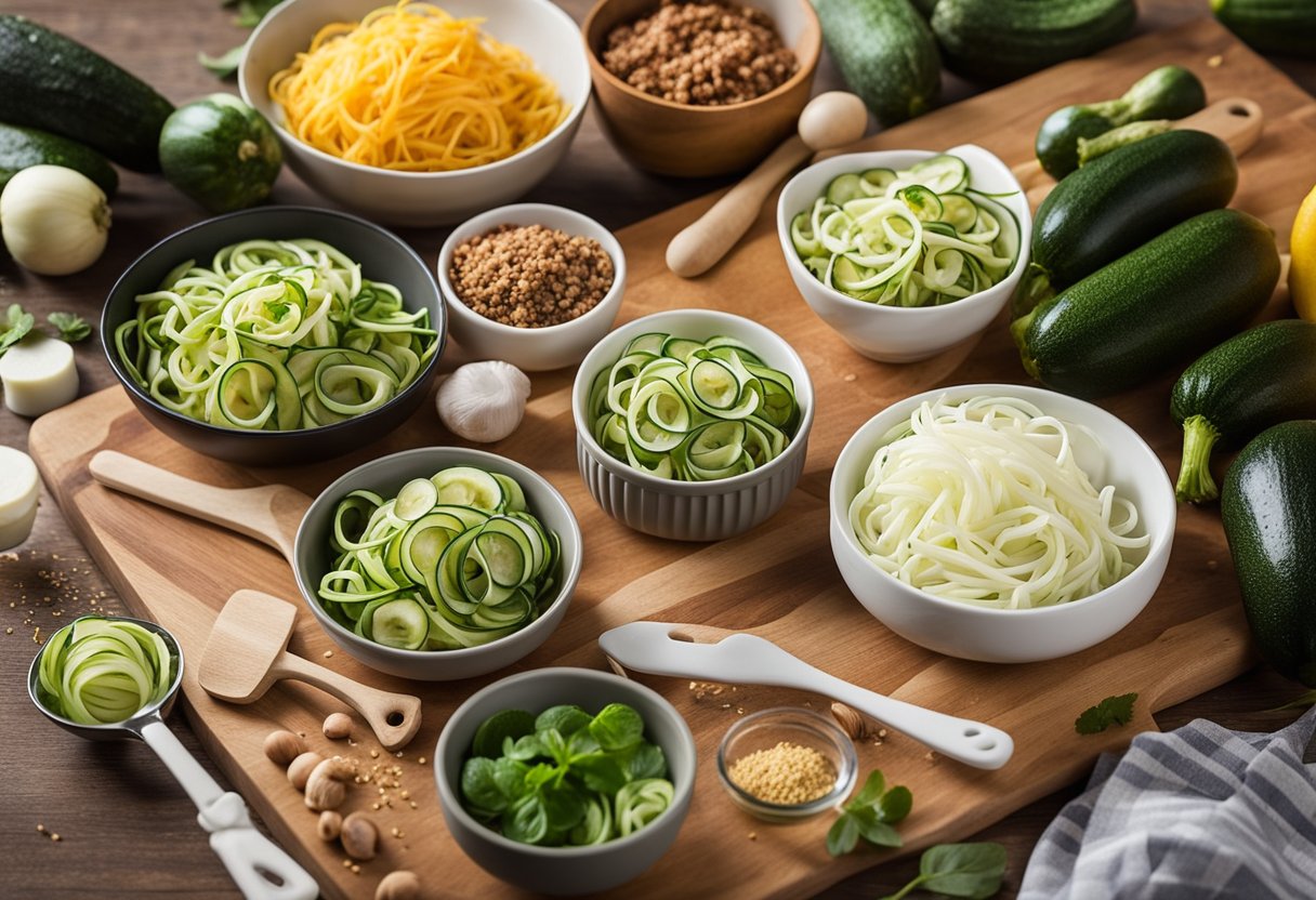 A kitchen countertop with a spiralizer creating zucchini noodles, surrounded by various kitchen utensils and ingredients for a keto-friendly meal