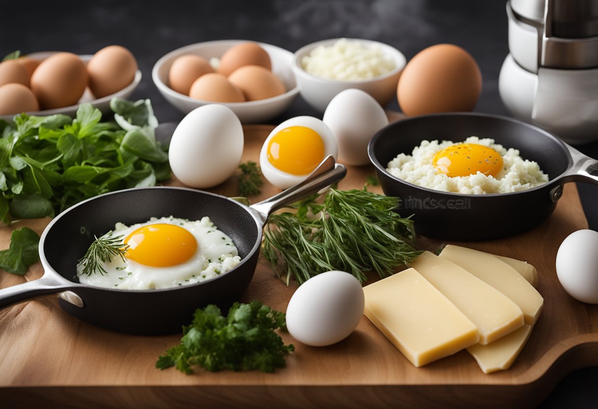 Ingredients arranged on a kitchen counter: eggs, diced vegetables, cheese, and herbs. A skillet and spatula sit nearby