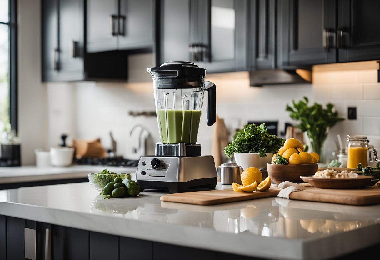 A modern kitchen counter with a blender, keto ingredients, and vacation rental decor