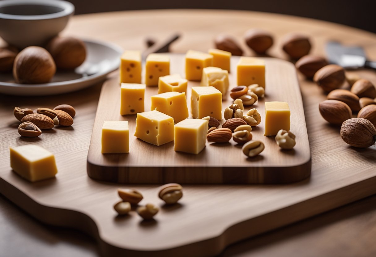 A wooden cutting board with neatly arranged cheese cubes, accompanied by a small knife and a bowl of mixed nuts, sits on a kitchen counter