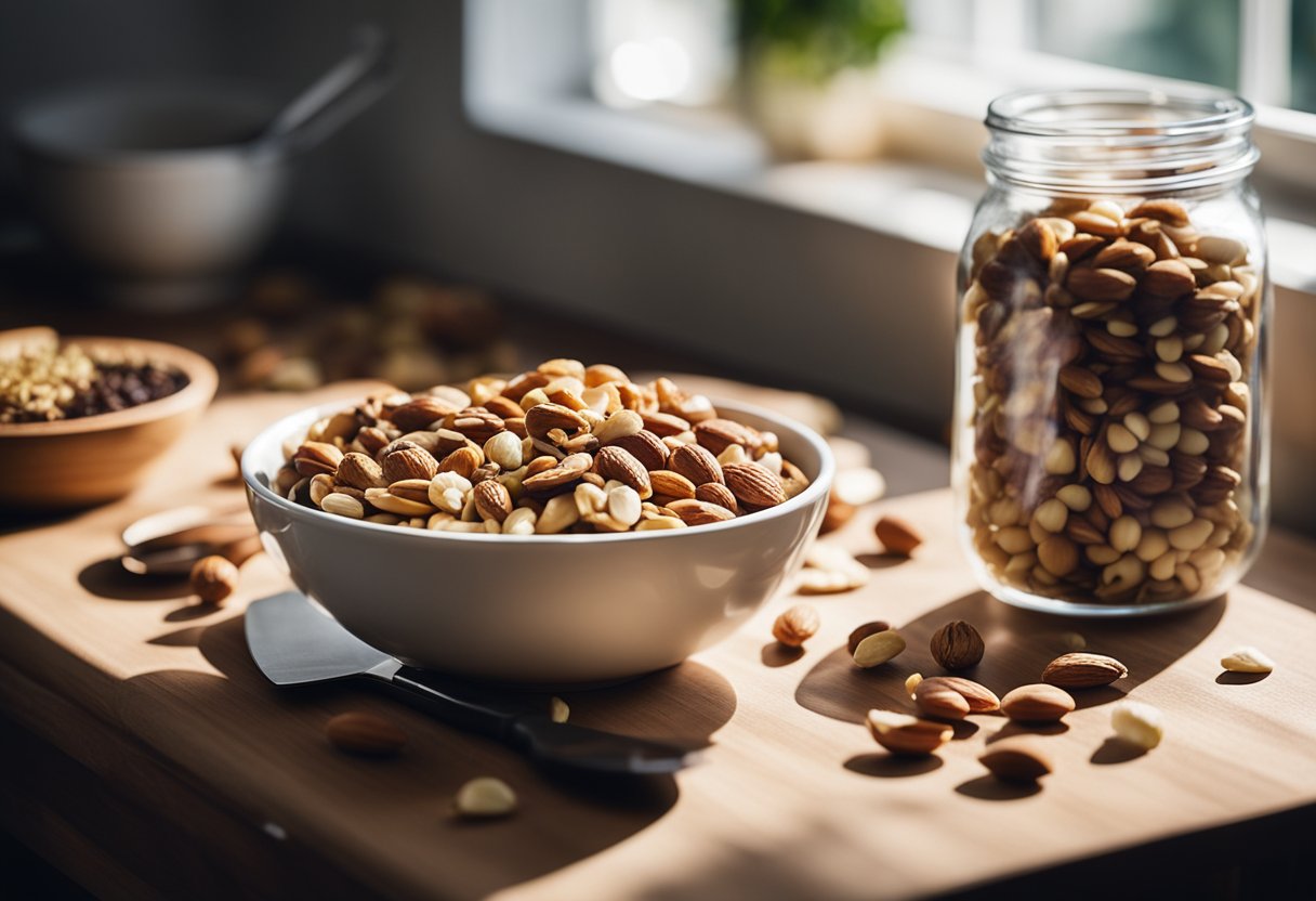 A bowl of assorted nuts and seeds sits on a kitchen counter next to a cutting board and knife. The sunlight streams in through the window, casting a warm glow on the healthy snacks