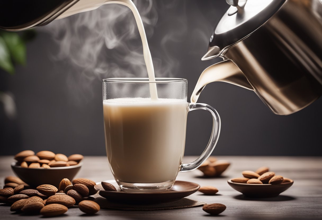 A pitcher of unsweetened almond milk being poured into a steaming cup of coffee