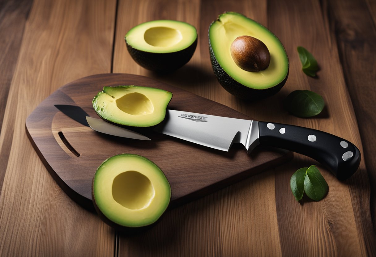 A wooden cutting board with a ripe avocado, knife, and lemon on a kitchen counter