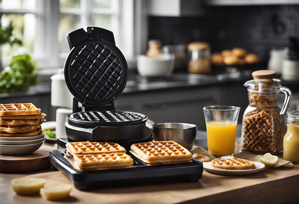 A kitchen counter with mini waffle makers and ingredients for chaffles