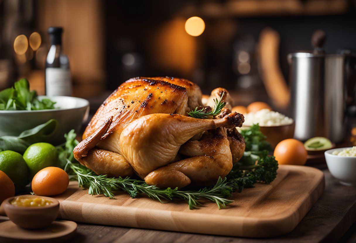 A rotisserie chicken sits on a cutting board surrounded by keto-friendly ingredients in a vacation rental kitchen