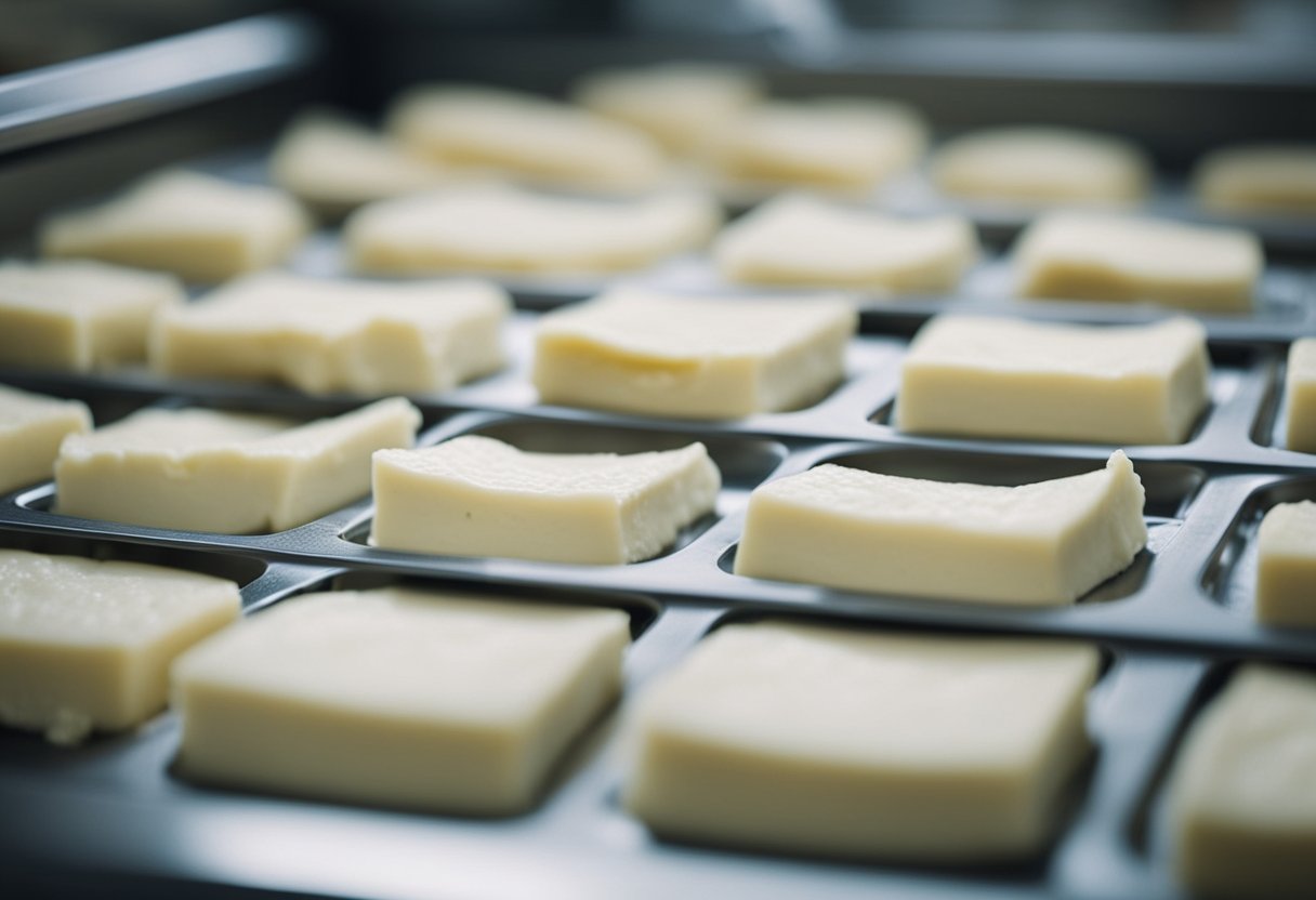 Small portions of cream cheese are being frozen on a tray in a clean, organized kitchen